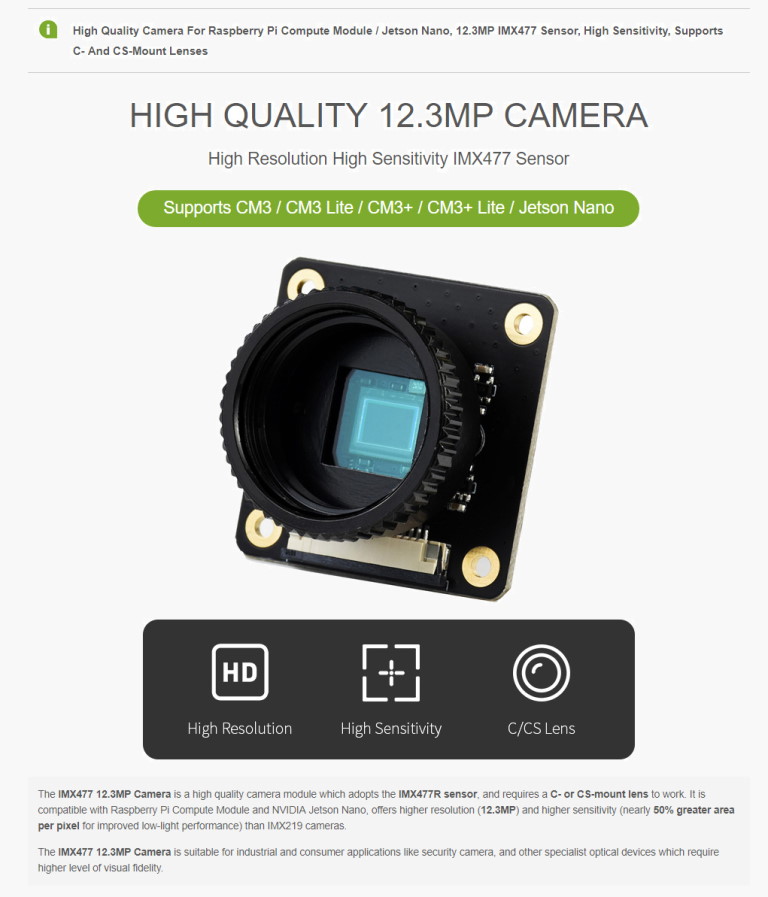 دوربین 12.3 مگاپیکسل برای جتسون نانو و رزبری پای CM3