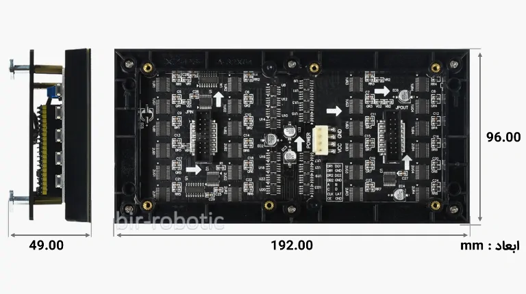 ابعاد نمایشگر LED ماتریسی رنگی 64x32 پیکسل رزبری پای Pico