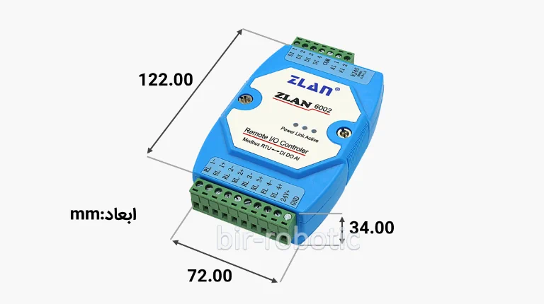 ابعاد ماژول کنترل کننده IO چهار کانال از طریق RS485 مدل ZLAN6002