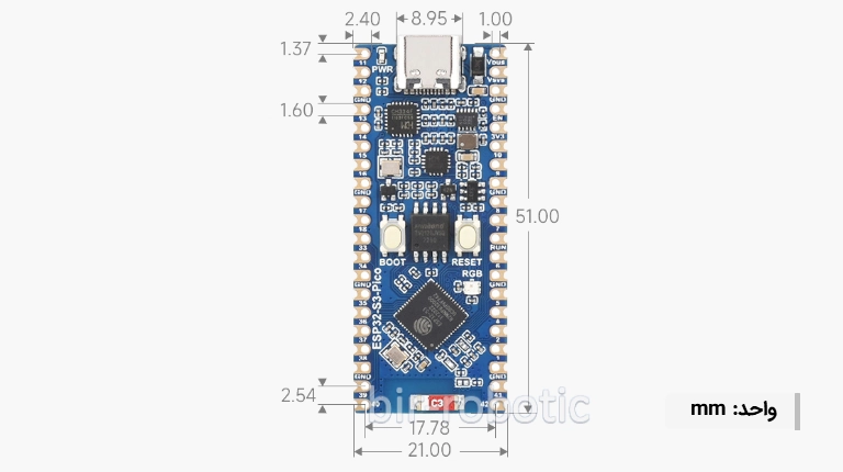 ابعاد برد توسعه ESP32-S3 pico
